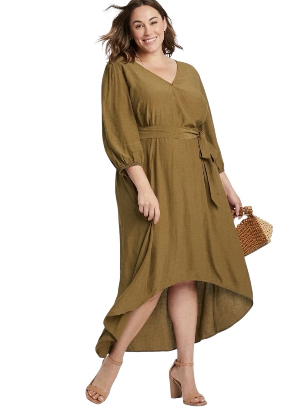 Ava & Viv Hi-Low Dress Puff Sleeve Belted Brown 2X